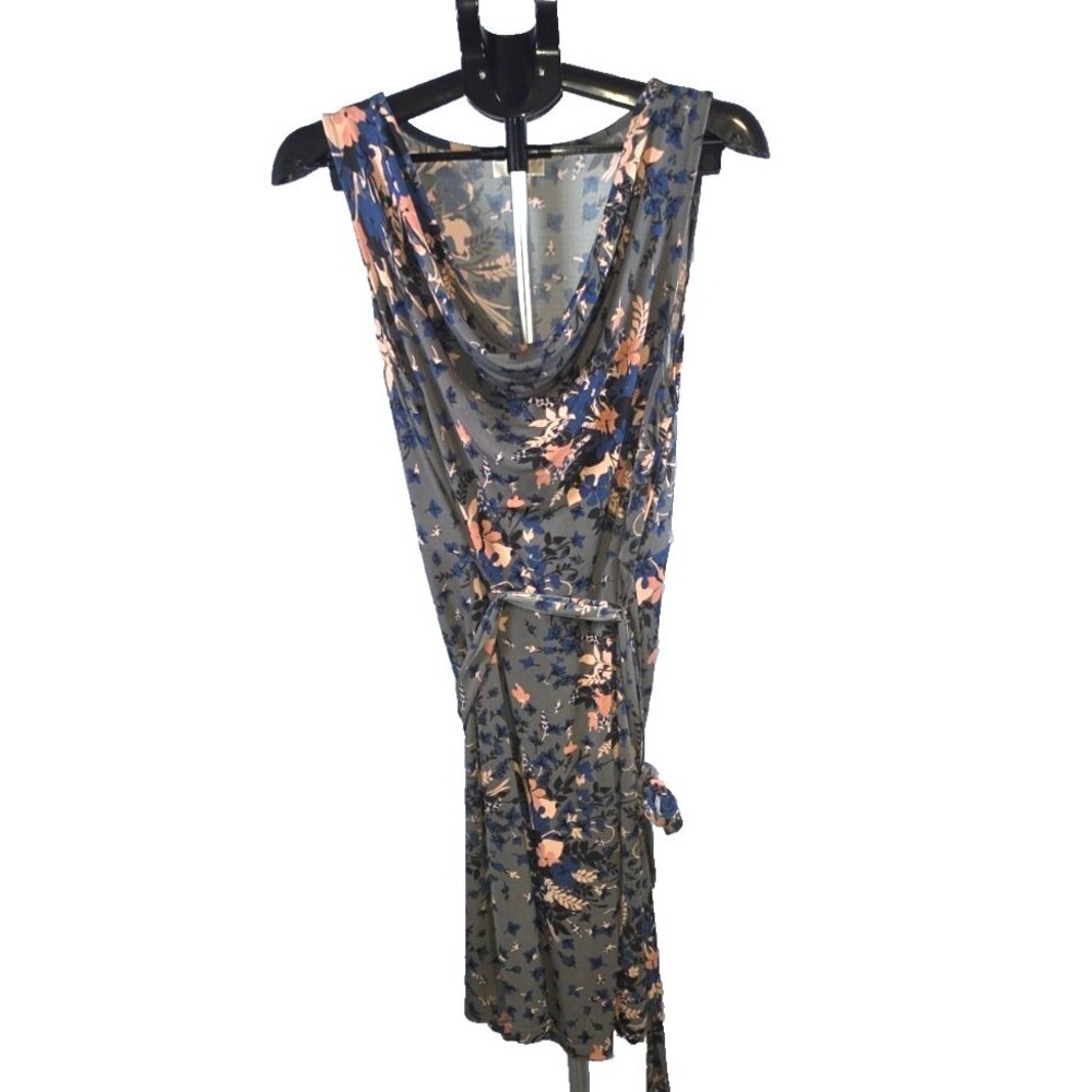 Loft Stretch Slinky Gray Blue Floral Dress Size Large Belted Career Casual